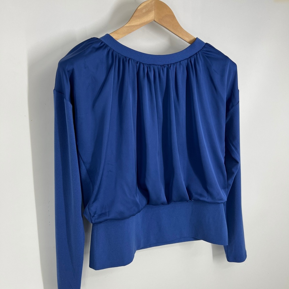 White House Black Market Royal Blue Pleated Blouson Long Sleeve Cropped Blouse S - Picture 2 of 10